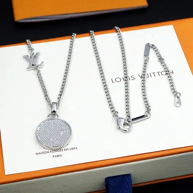 Louis Vuitton Gold Silver Curb Chain Monogram Pendant Necklace 10