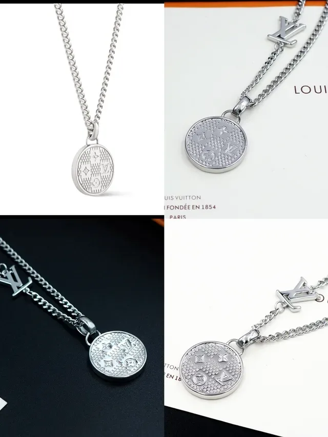Louis Vuitton Gold Silver Curb Chain Monogram Pendant Necklace 12