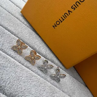 Louis Vuitton Gold Silver Four-Petal Flower Motif Pave-Set Crystals Earrings