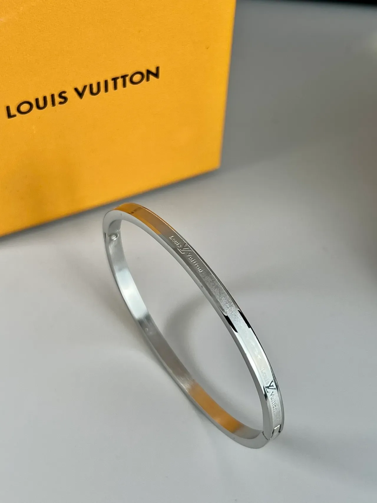 Louis Vuitton Gold Silver Minimalist Engraved Logo Bracelet 4