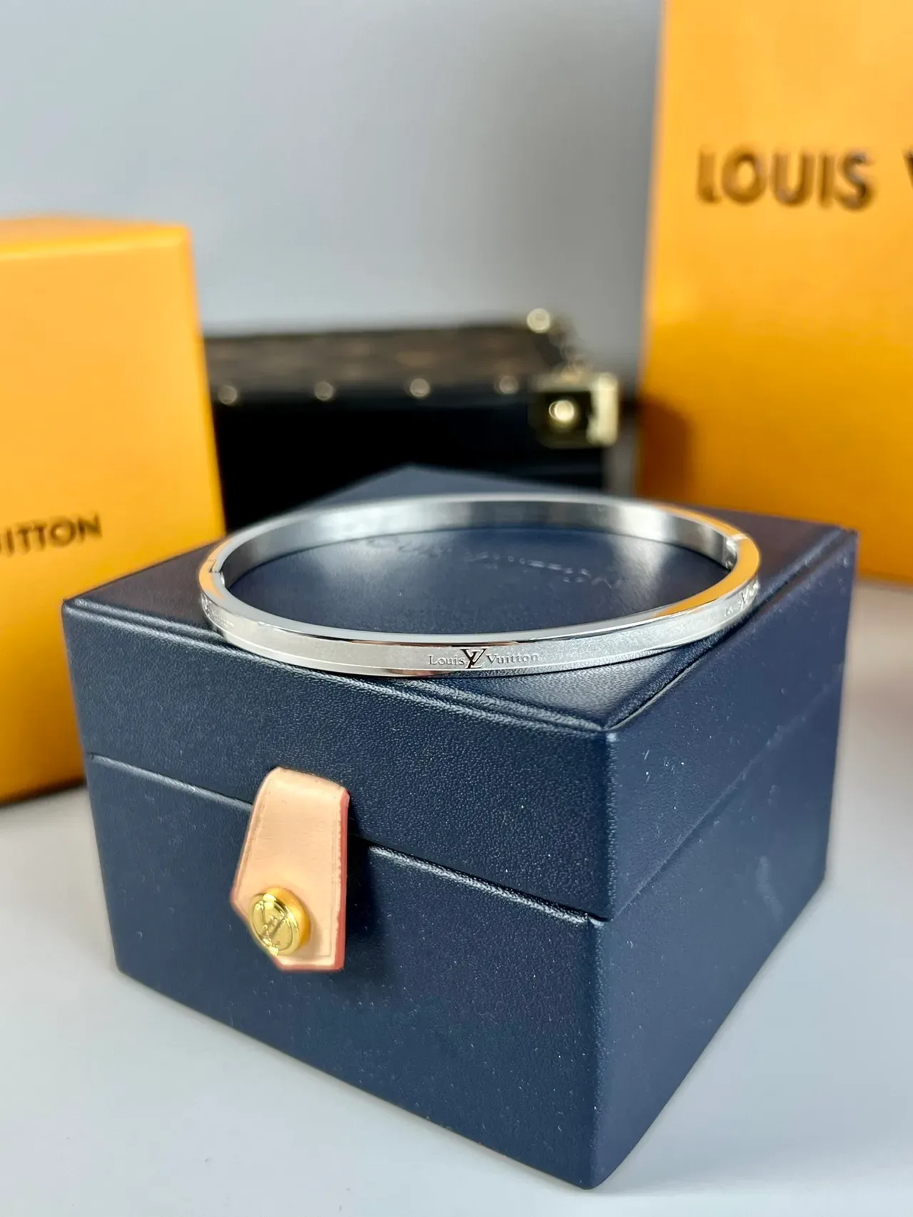 Louis Vuitton Gold Silver Minimalist Engraved Logo Bracelet 7