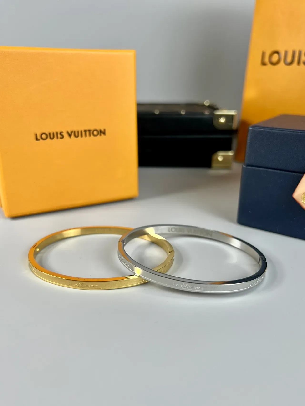 Louis Vuitton Gold Silver Minimalist Engraved Logo Bracelet 8