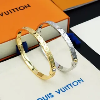Louis Vuitton Gold Silver Monogram-Engraved Hinged Bangle Bracelet