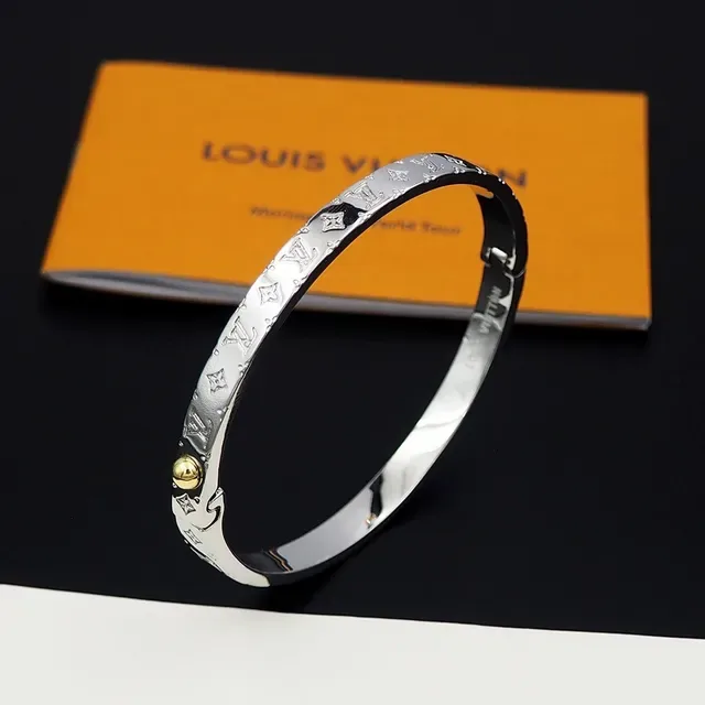 Louis Vuitton Gold Silver Monogram-Engraved Hinged Bangle Bracelet 2