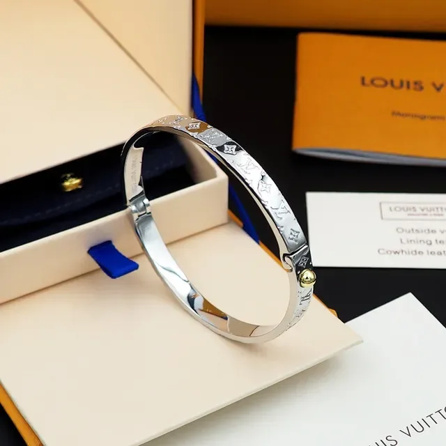 Louis Vuitton Gold Silver Monogram-Engraved Hinged Bangle Bracelet 3