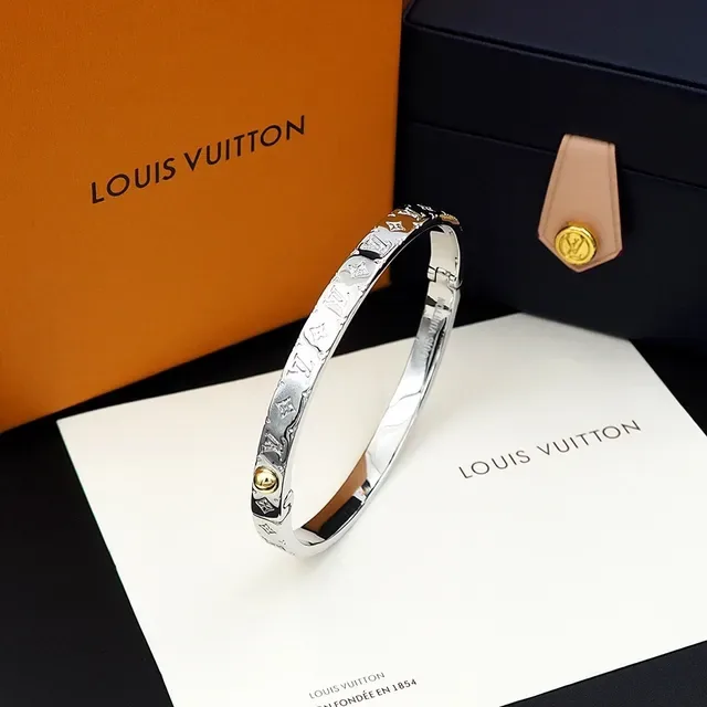 Louis Vuitton Gold Silver Monogram-Engraved Hinged Bangle Bracelet 4
