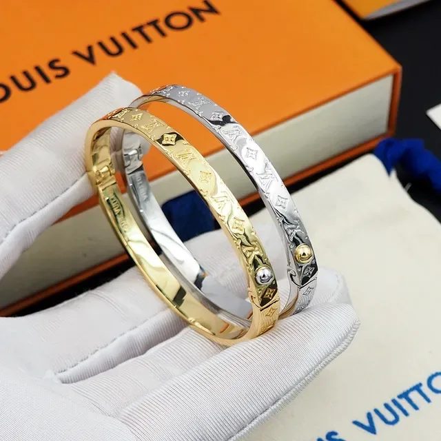 Louis Vuitton Gold Silver Monogram-Engraved Hinged Bangle Bracelet 5