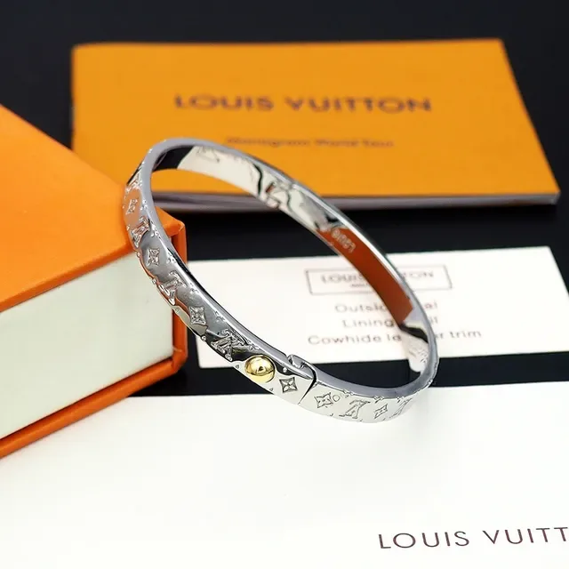Louis Vuitton Gold Silver Monogram-Engraved Hinged Bangle Bracelet 6
