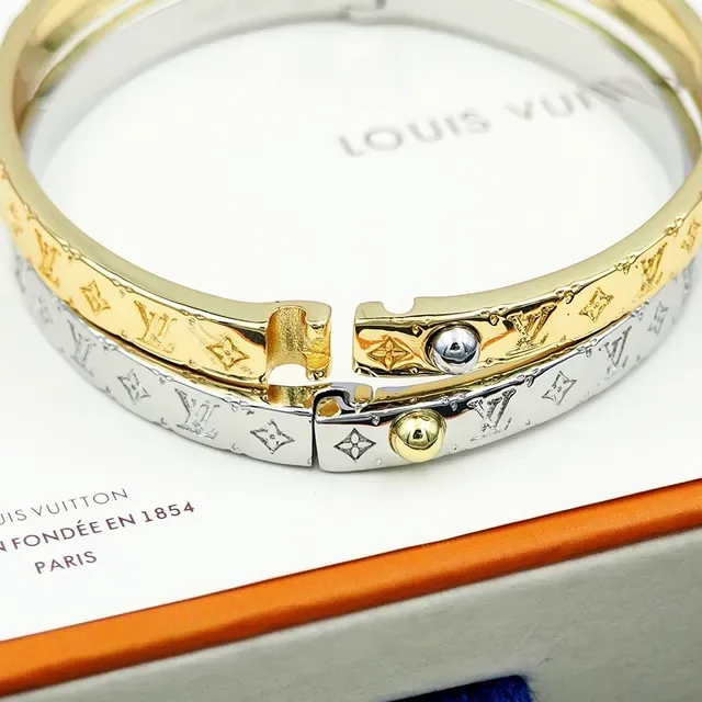 Louis Vuitton Gold Silver Monogram-Engraved Hinged Bangle Bracelet 7