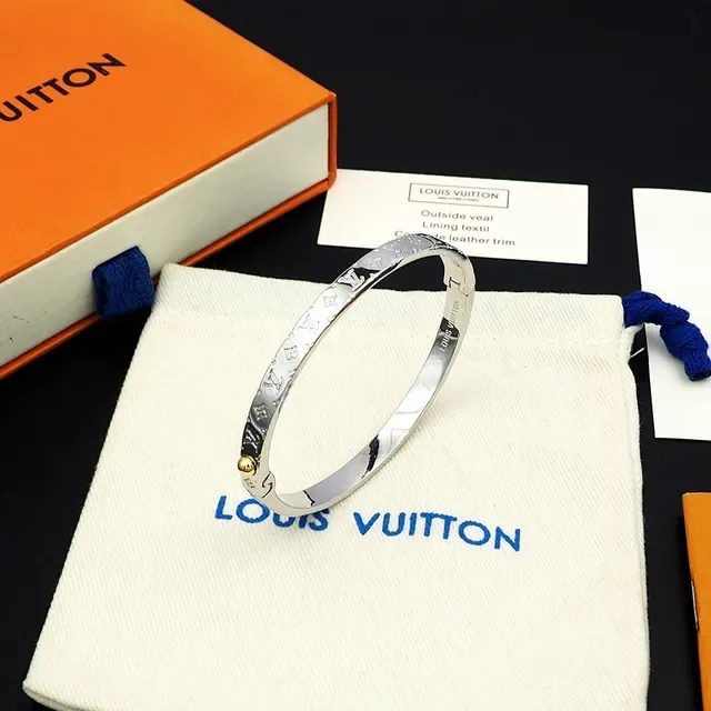 Louis Vuitton Gold Silver Monogram-Engraved Hinged Bangle Bracelet 8