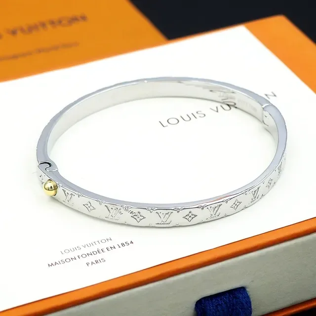 Louis Vuitton Gold Silver Monogram-Engraved Hinged Bangle Bracelet 9
