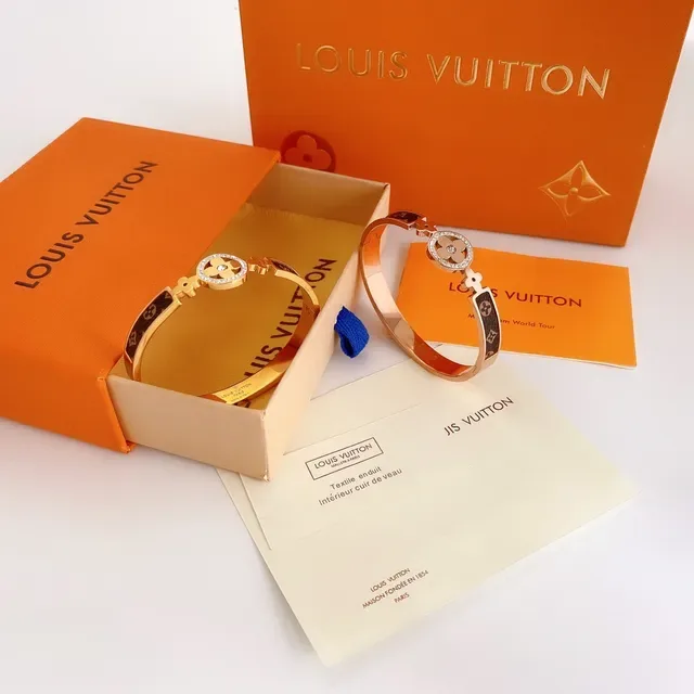 Louis Vuitton Gold-Tone Monogram Canvas Diamond Clasp Bangle Bracelet 3