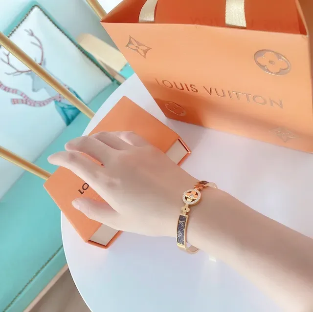 Louis Vuitton Gold-Tone Monogram Canvas Diamond Clasp Bangle Bracelet 5