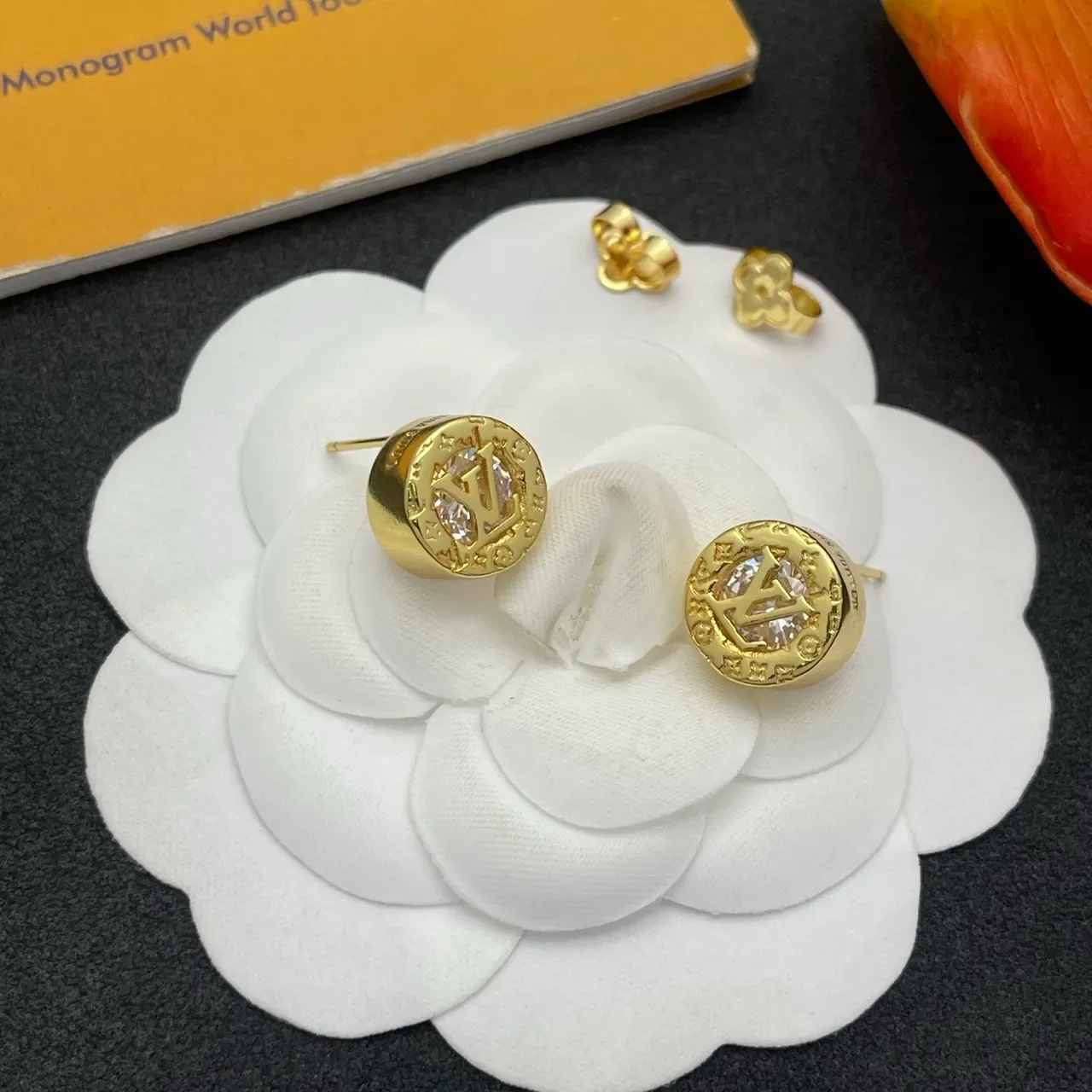 Louis Vuitton Gold Transparent Coin-Shaped Monogrammed Earrings 7