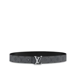 Louis Vuitton Gray Black Monogram-Coated Polished Silver-Tone LV Buckle Leather Belt