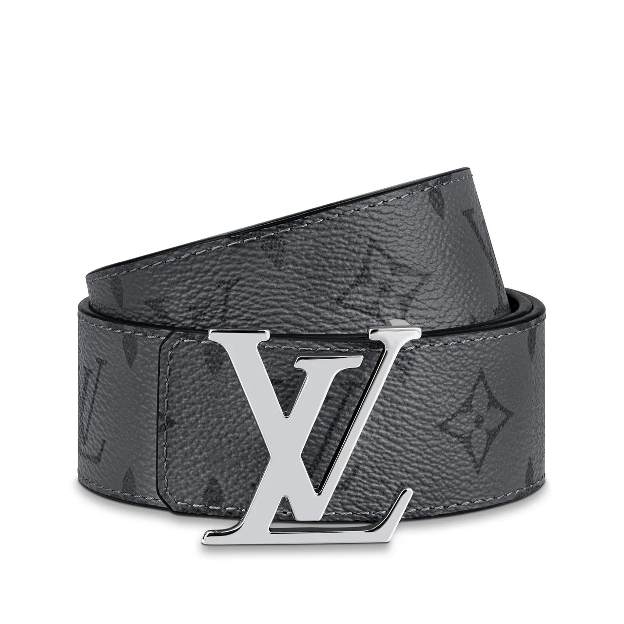 Louis Vuitton Gray Black Monogram-Coated Polished Silver-Tone LV Buckle Leather Belt 2