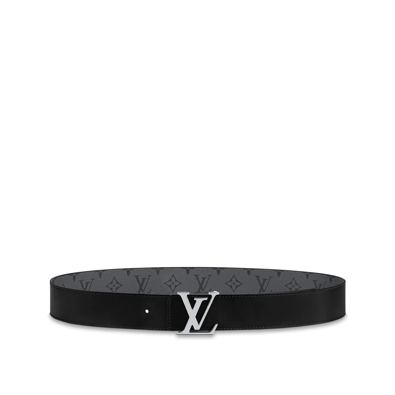 Louis Vuitton Gray Black Monogram-Coated Polished Silver-Tone LV Buckle Leather Belt 3