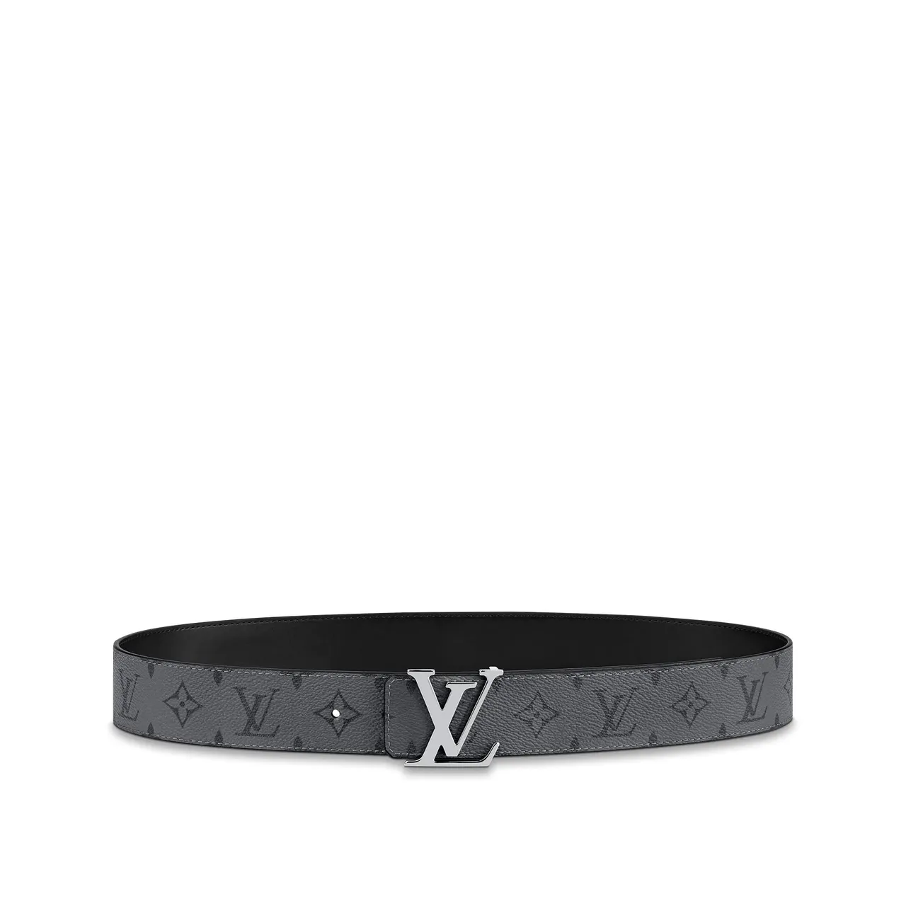 Louis Vuitton Gray Black Monogram-Coated Polished Silver-Tone LV Buckle Leather Belt 4