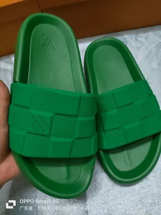 Louis Vuitton Green Molded Rubber Checkerboard Strap Slippers 2