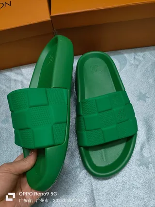 Louis Vuitton Green Molded Rubber Checkerboard Strap Slippers 3