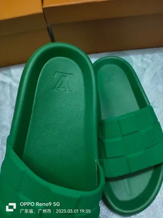Louis Vuitton Green Molded Rubber Checkerboard Strap Slippers 5