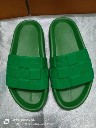Louis Vuitton Green Molded Rubber Checkerboard Strap Slippers 6