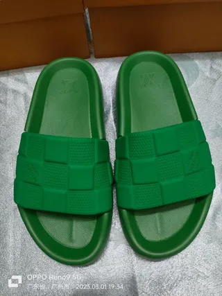 Louis Vuitton Green Molded Rubber Checkerboard Strap Slippers 7