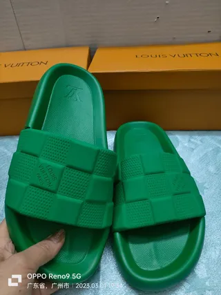 Louis Vuitton Green Molded Rubber Checkerboard Strap Slippers 8