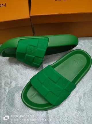 Louis Vuitton Green Molded Rubber Checkerboard Strap Slippers 9