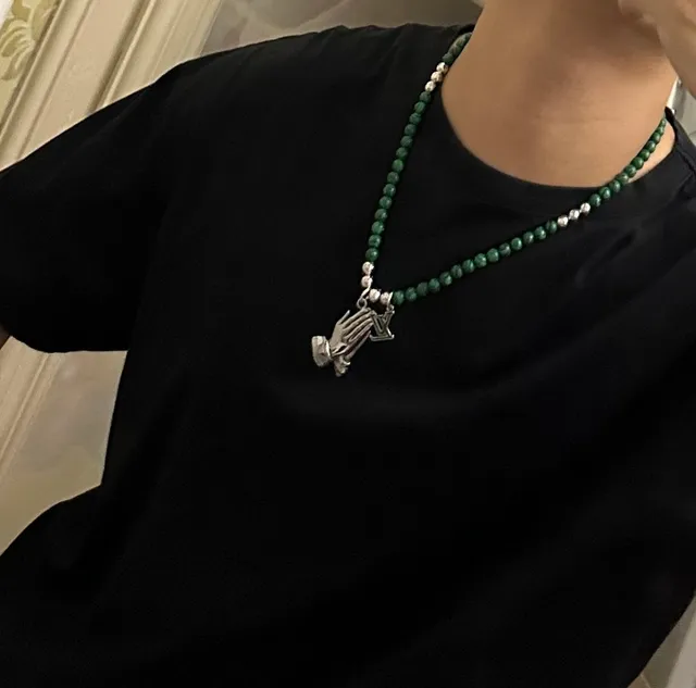 Louis Vuitton Green Silver Beaded Malachite-Style Necklace 2