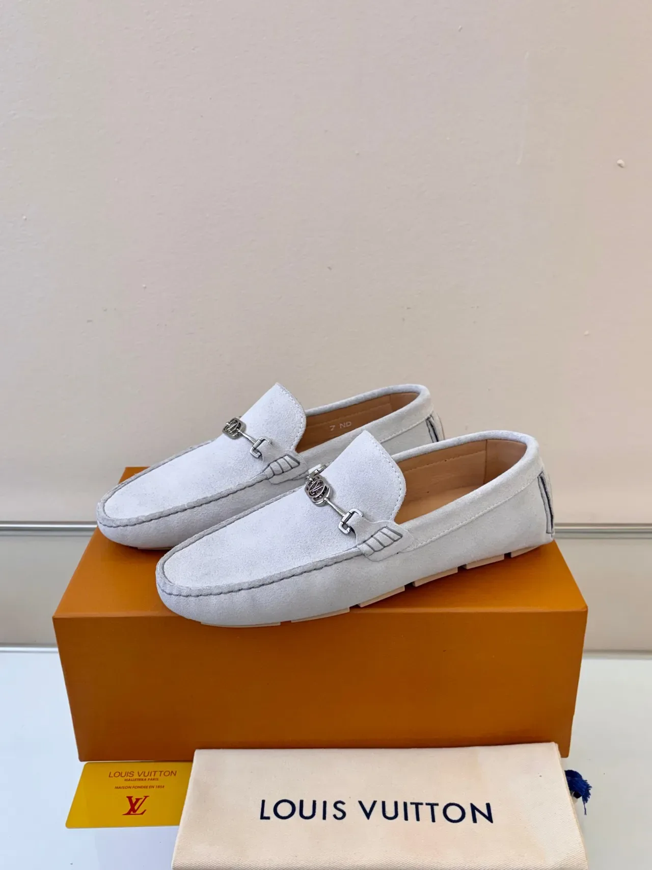 Louis Vuitton Horsebit 1955 Light Gray Suede Loafers 2