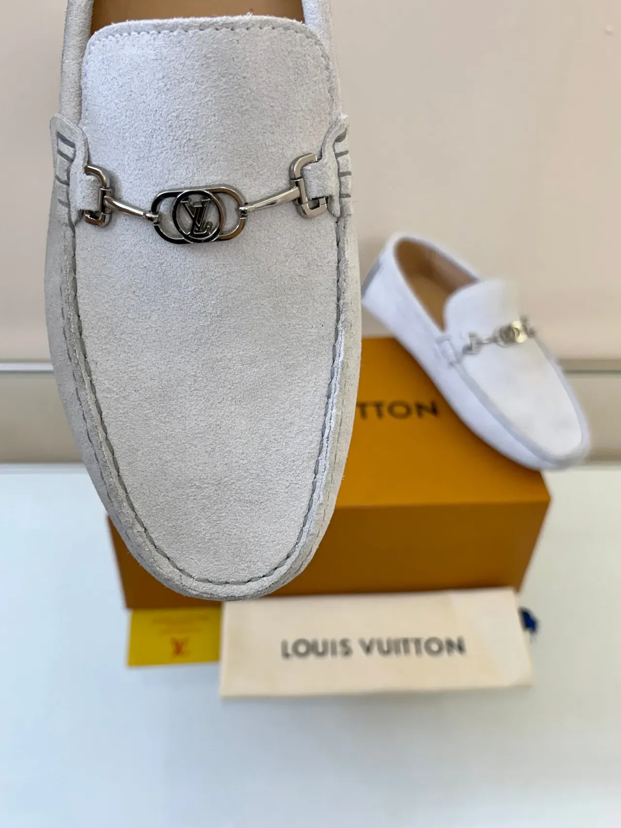 Louis Vuitton Horsebit 1955 Light Gray Suede Loafers 3
