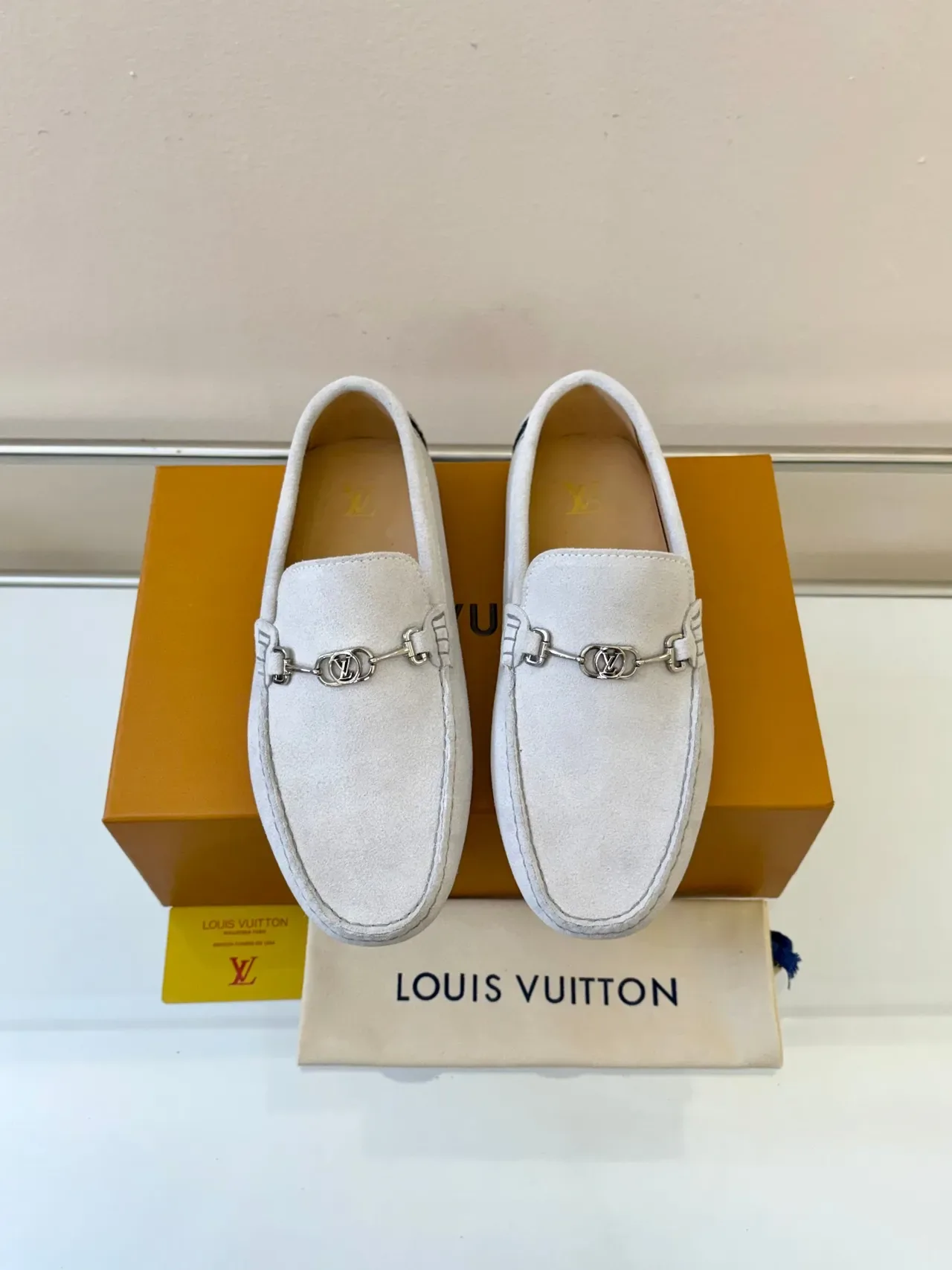Louis Vuitton Horsebit 1955 Light Gray Suede Loafers 6