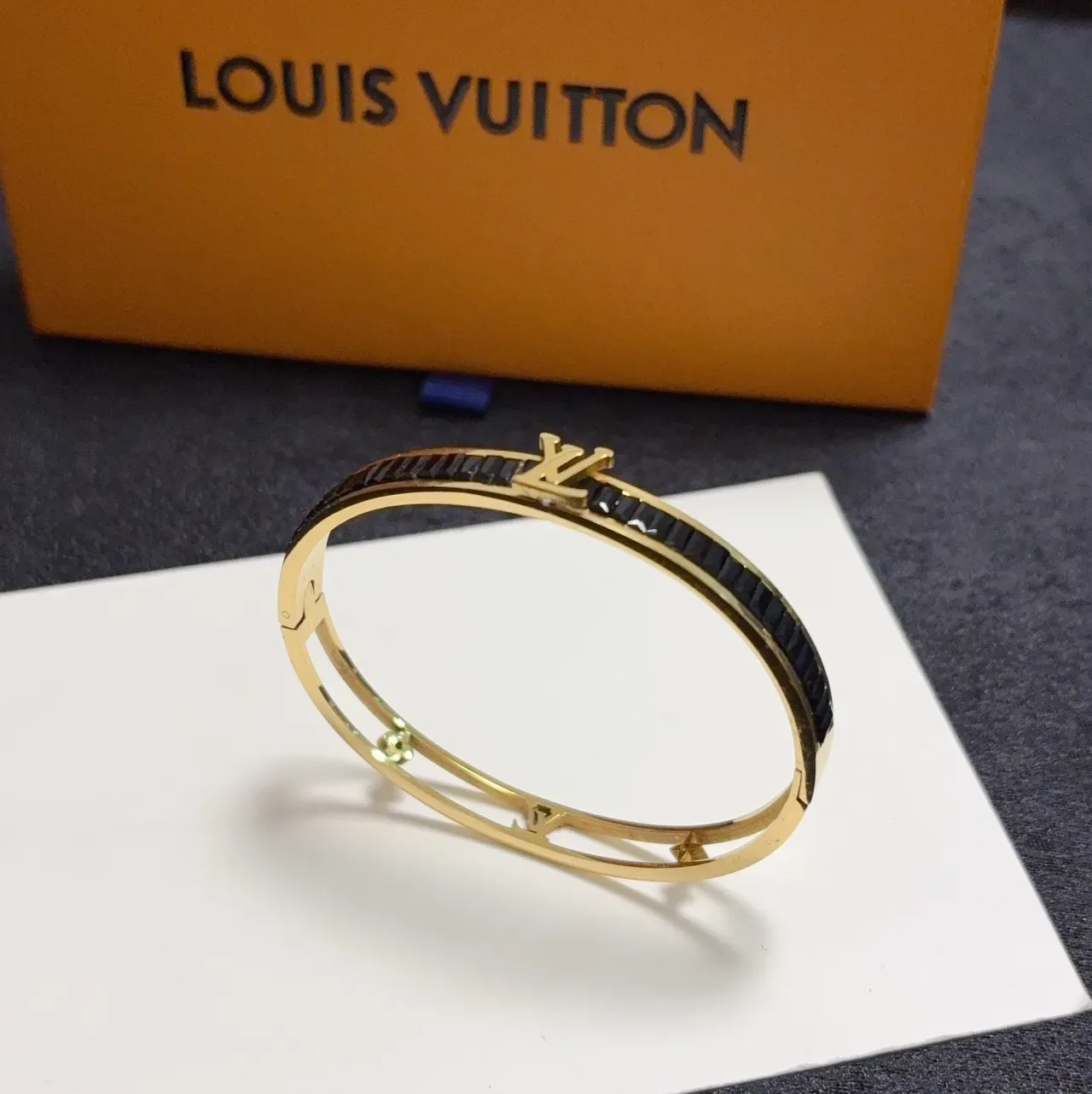 Louis Vuitton Iconic Monogram Bracelet Gold Black Hinged Multi-Band Clasp Bracelet 7