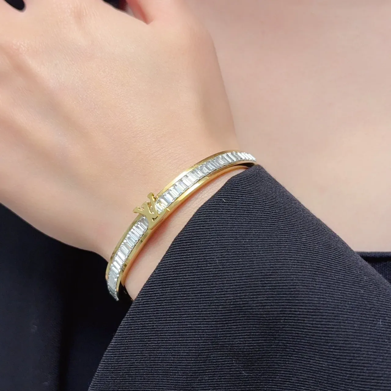 Louis Vuitton Iconic Monogram Bracelet Gold Black Hinged Multi-Band Clasp Bracelet 8
