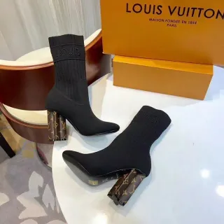 Louis Vuitton Knit Black Brown Ribbed Sock-Style Upper Monogrammed Block Heel Ankle Boots