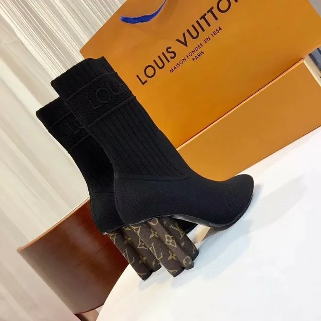 Louis Vuitton Tricoté Noir Marron Côtelé Style Chaussette Supérieure Monogrammé Talon Bloc Bottines Cheville 5