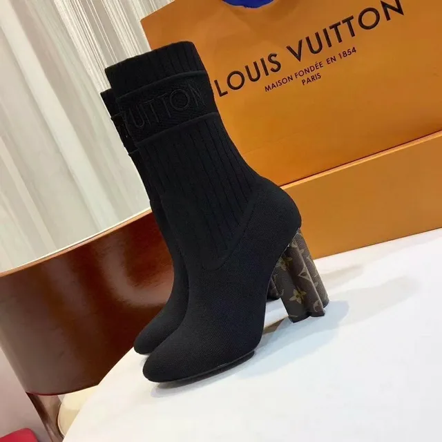 Louis Vuitton Tricoté Noir Marron Côtelé Style Chaussette Supérieure Monogrammé Talon Bloc Bottines Cheville 7