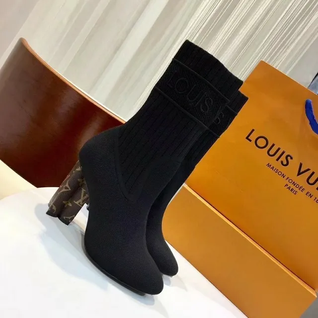 Louis Vuitton Tricoté Noir Marron Côtelé Style Chaussette Supérieure Monogrammé Talon Bloc Bottines Cheville 8
