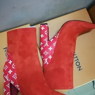 Louis Vuitton Le Cagole Red White Suede Upper Monogrammed Leather Panels Ankle Boots