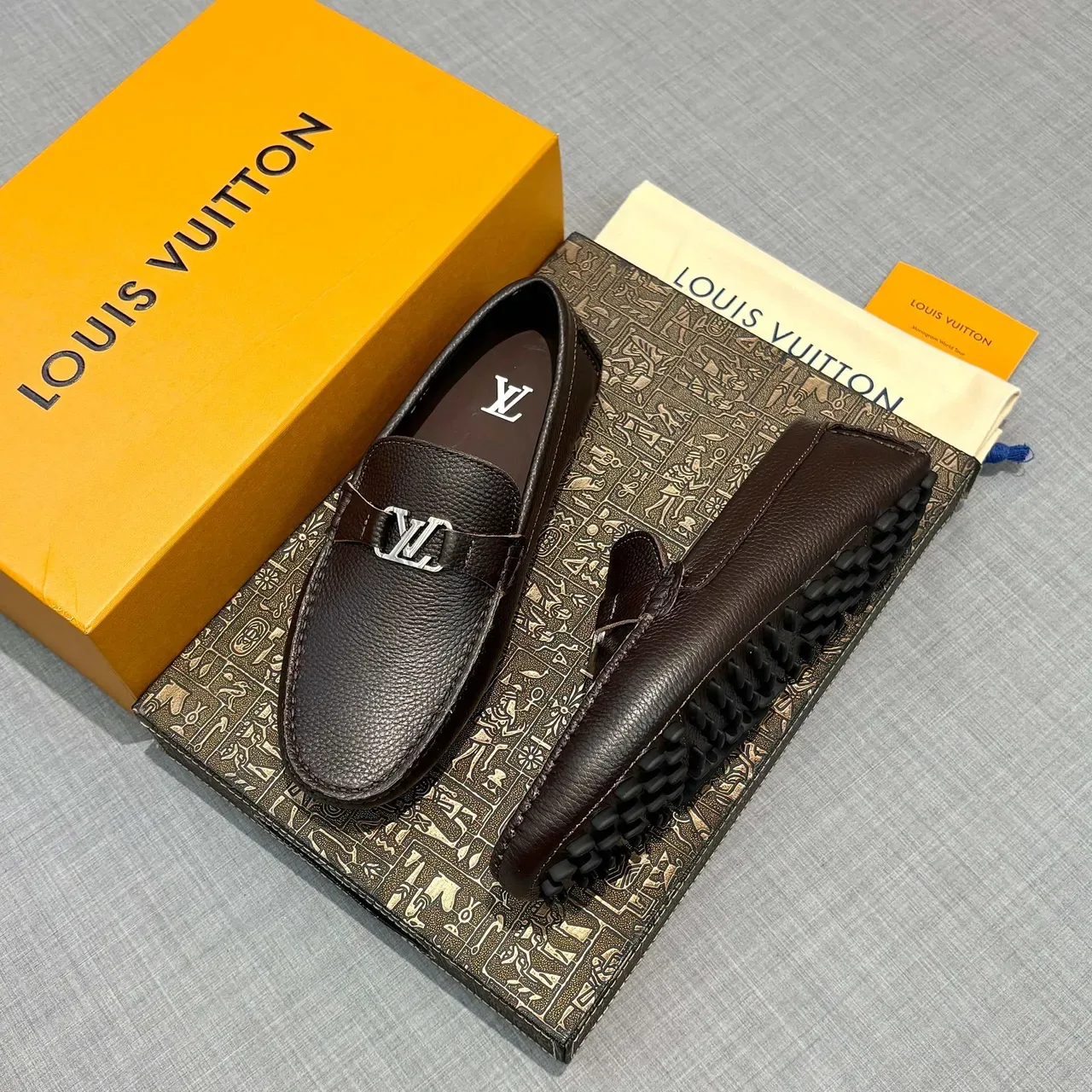 Louis Vuitton Loafer Brown Silver Pebbled Leather Metal LV Buckle Strap Loafer 2