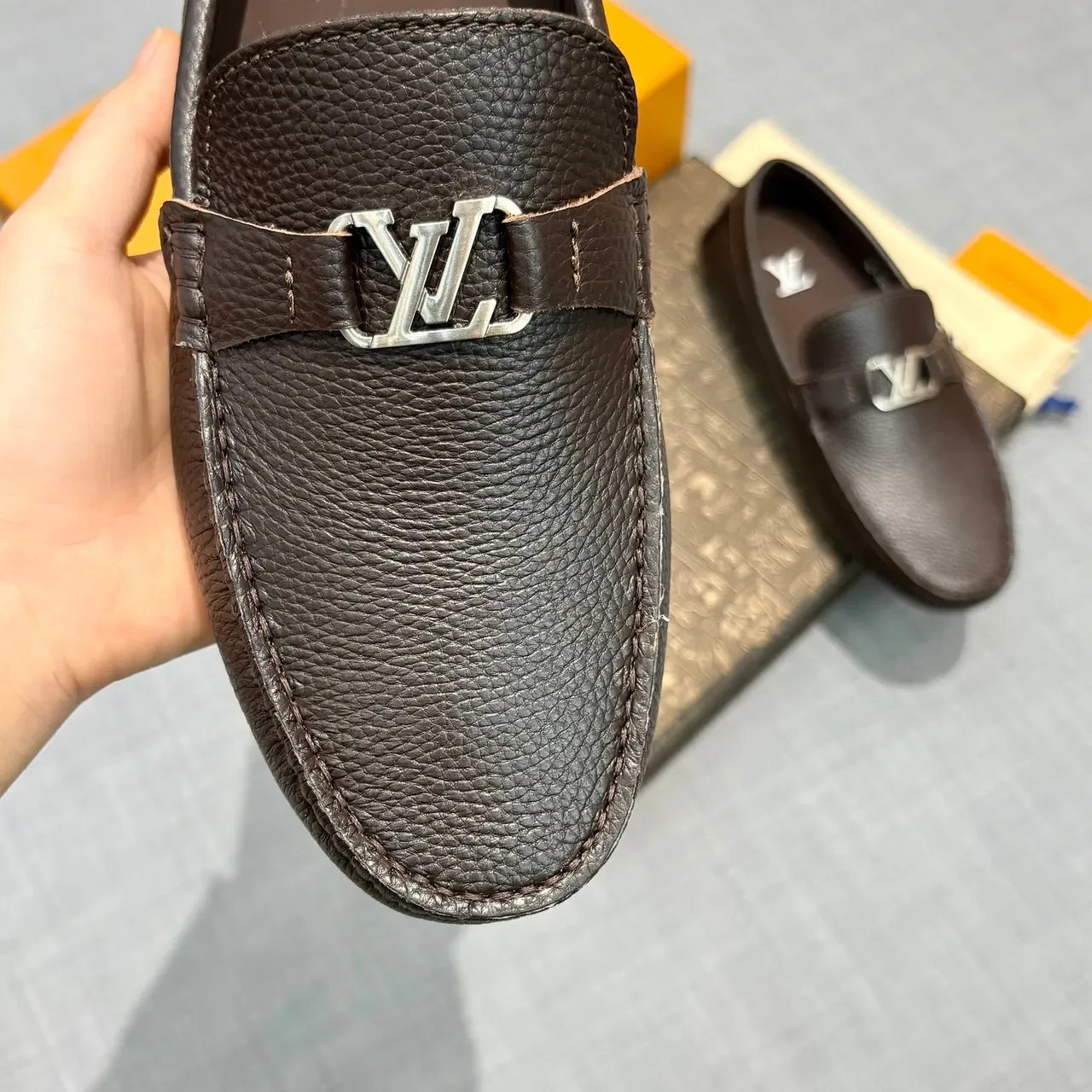 Louis Vuitton Loafer Brown Silver Pebbled Leather Metal LV Buckle Strap Loafer 3