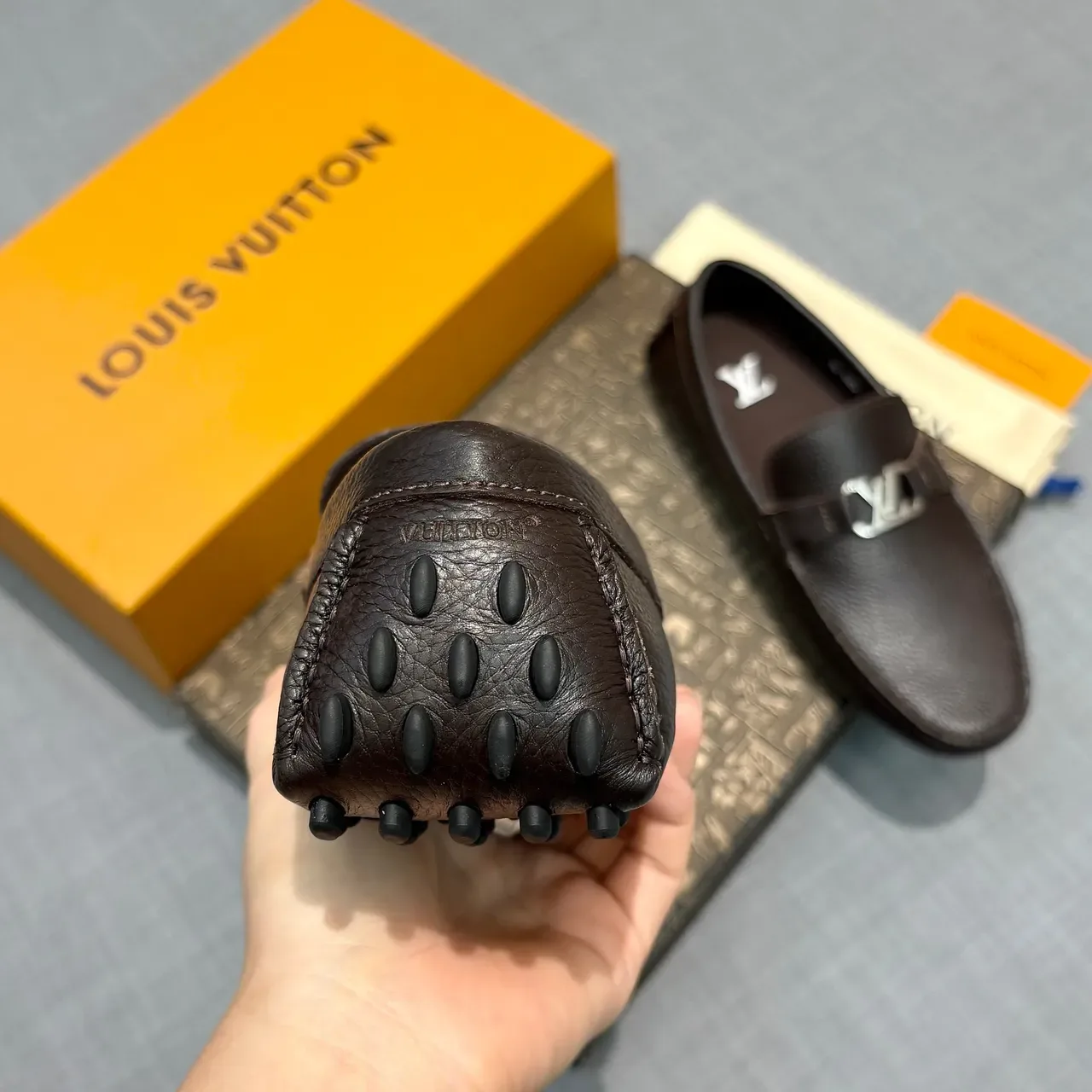 Louis Vuitton Loafer Brown Silver Pebbled Leather Metal LV Buckle Strap Loafer 4
