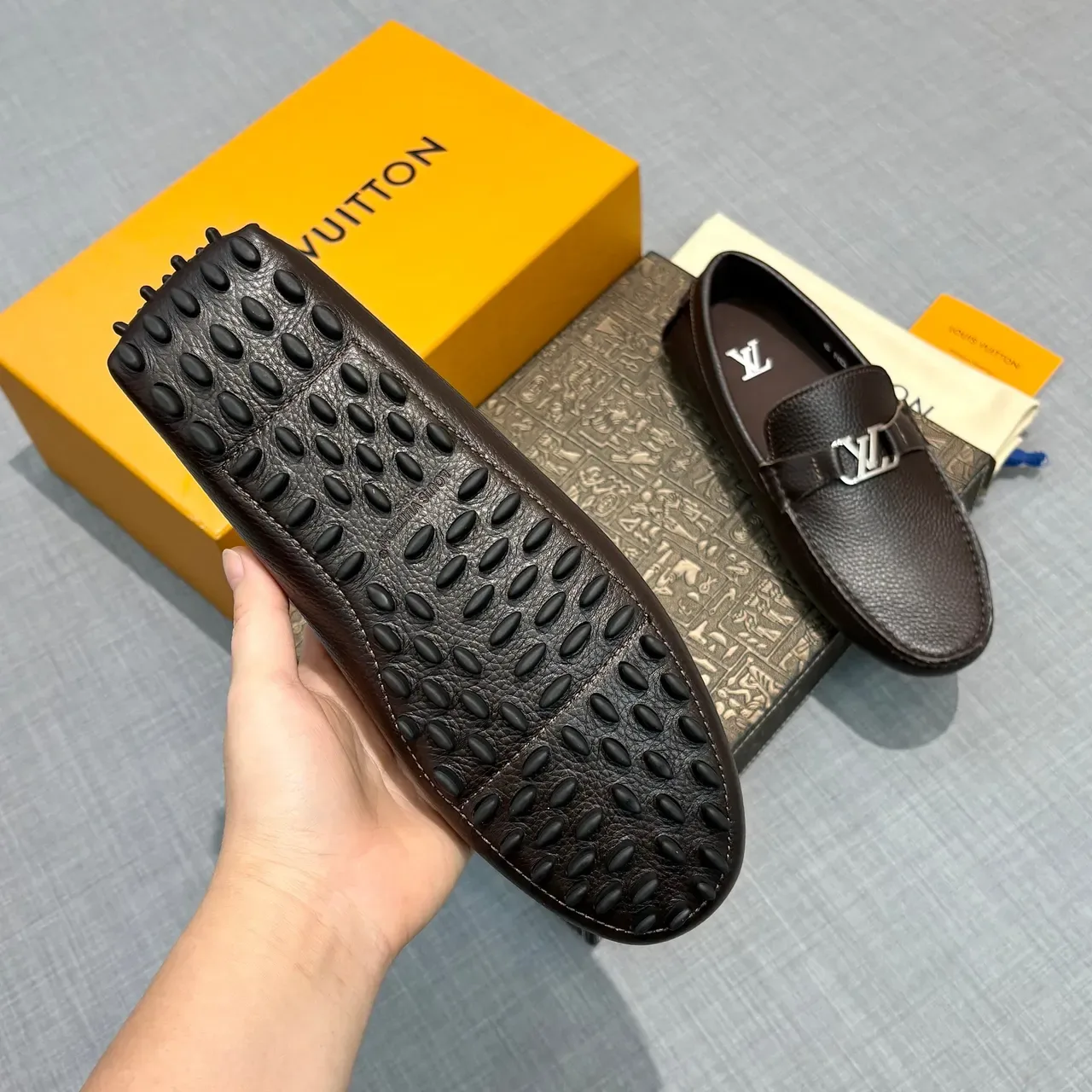 Louis Vuitton Loafer Brown Silver Pebbled Leather Metal LV Buckle Strap Loafer 5