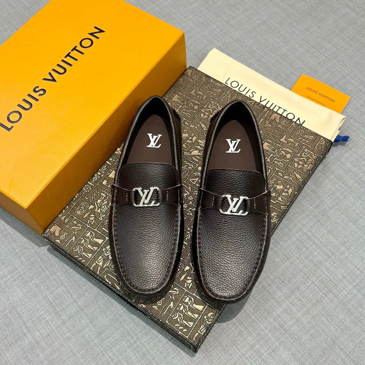 Louis Vuitton Loafer Brown Silver Pebbled Leather Metal LV Buckle Strap Loafer 6
