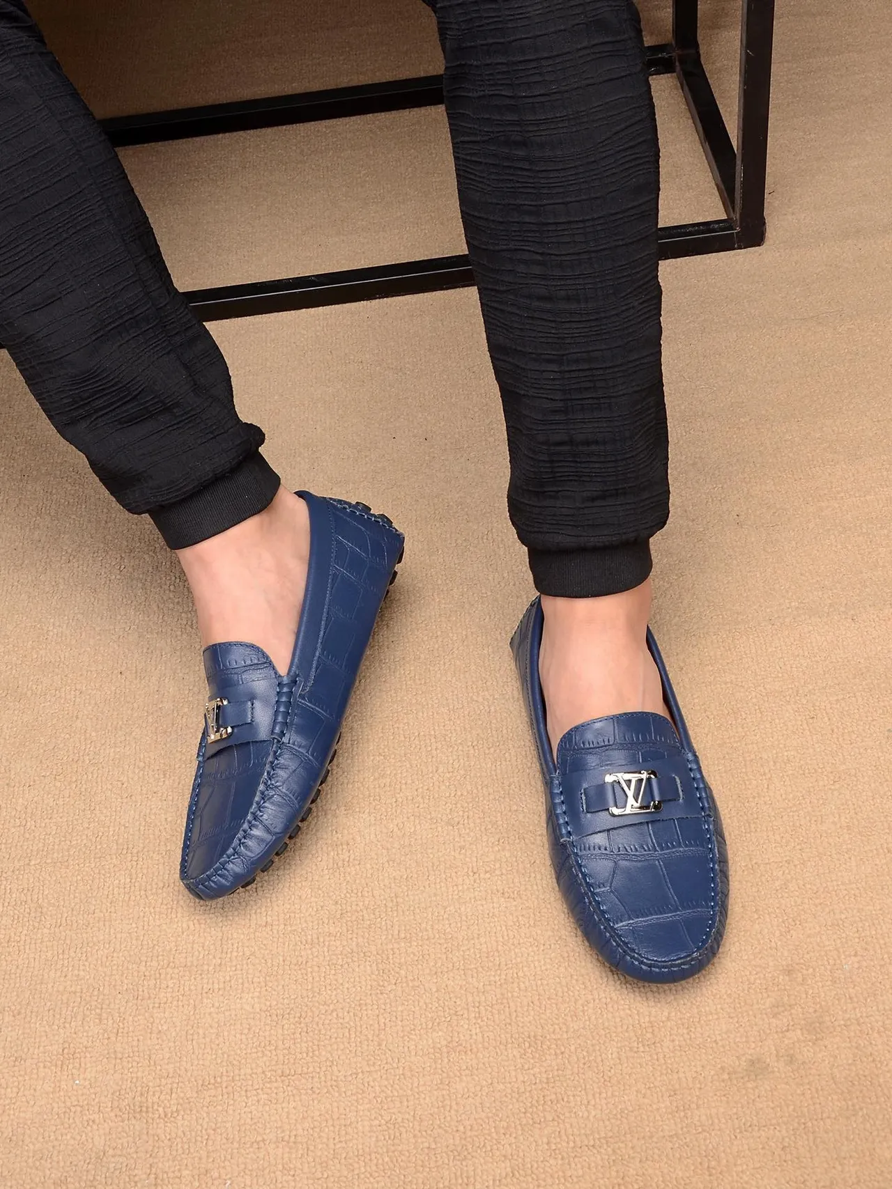 Louis Vuitton Loafer Navy Croc-Embossed Leather Loafers 2