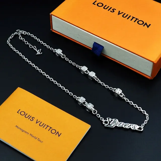 Louis Vuitton LOVERS Monogram Pendant Silver Chain Necklace 5