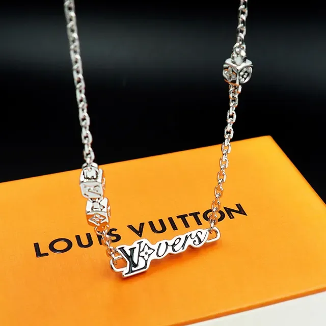 Louis Vuitton LOVERS Monogram Pendant Silver Chain Necklace 9