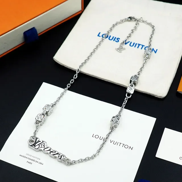 Louis Vuitton LOVERS Monogram Pendant Silver Chain Necklace 10
