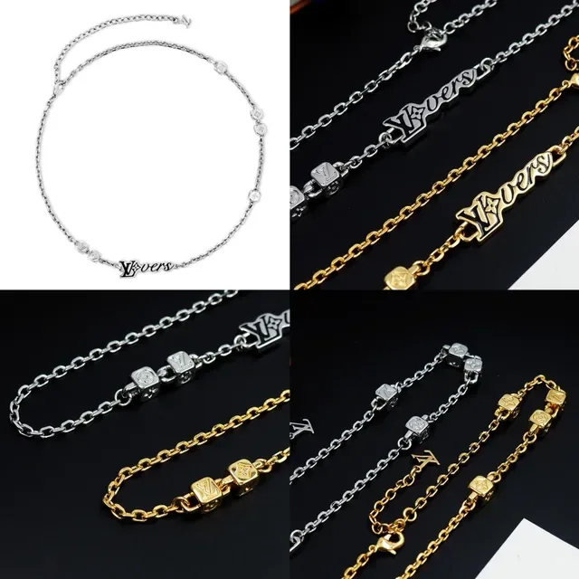 Louis Vuitton LOVERS Monogram Pendant Silver Chain Necklace 12